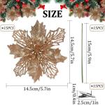 Kunstkerstbloemen, kerstboom bloemen met 15 clips, glitterbloemen, Kerstmis, kunstbloemen voor Kerstmis (champagne)