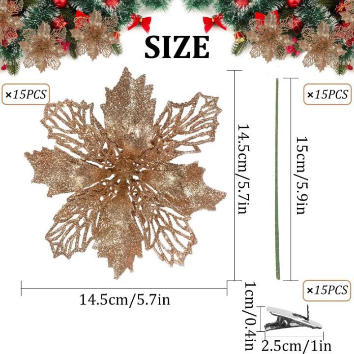 Kunstkerstbloemen, kerstboom bloemen met 15 clips, glitterbloemen, Kerstmis, kunstbloemen voor Kerstmis (champagne)