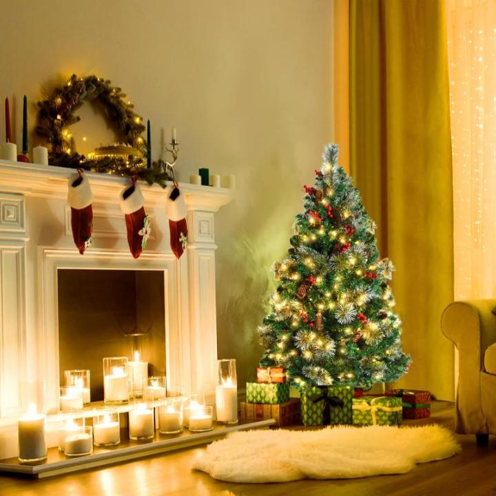 Kunstkerstboom, kunstkerstboom met verlichting, 120 cm, kunstkerstboom met 180 leds en standaard, kunstkerstdecoratie, met dennenappels en bessen