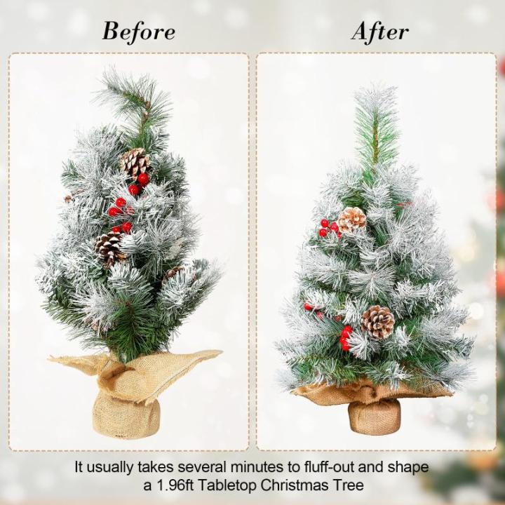 Kunstkerstboom, 60 cm, klein, met sneeuwvlokkendecoratie, dennenappels, rode bessen, dennenbladeren, 80 punten, linnen katoen en cementbasis voor feestelijke sfeer