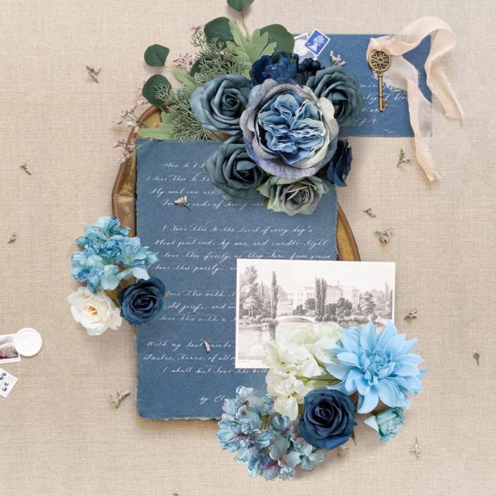 Stoffig Blauw Zijde Kunstrozen Combo Pioenroos Bloem voor DIY Bruiloft Bruids Boeket Party Woondecoraties (Stoffig Blauw)