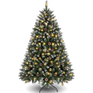 Kunstkerstboom met 250 leds, met sneeuw, 180 cm (diameter circa 110 cm), 1000 tips, versierde kerstboom met dennenappels, snelmontage-systeem, vlamvertragend, inklapbare standaard,
