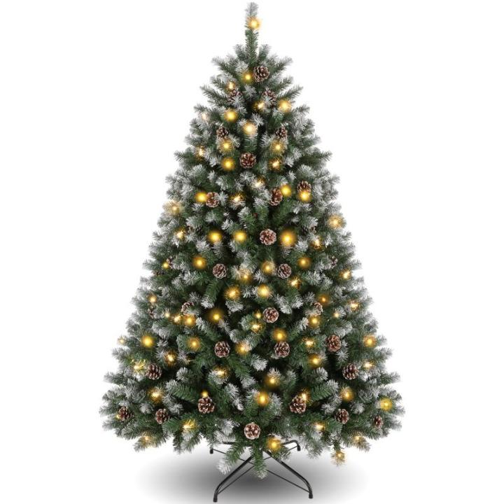 Kunstkerstboom met 250 leds, met sneeuw, 180 cm (diameter circa 110 cm), 1000 tips, versierde kerstboom met dennenappels, snelmontage-systeem, vlamvertragend, inklapbare standaard,