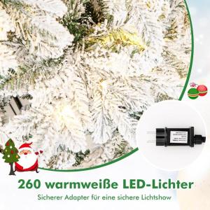 Kunstkerstboom met verlichting, 180 cm, 260 warmwitte leds, dennenboom met sneeuw en metalen standaard, sneeuwbedekt, wit