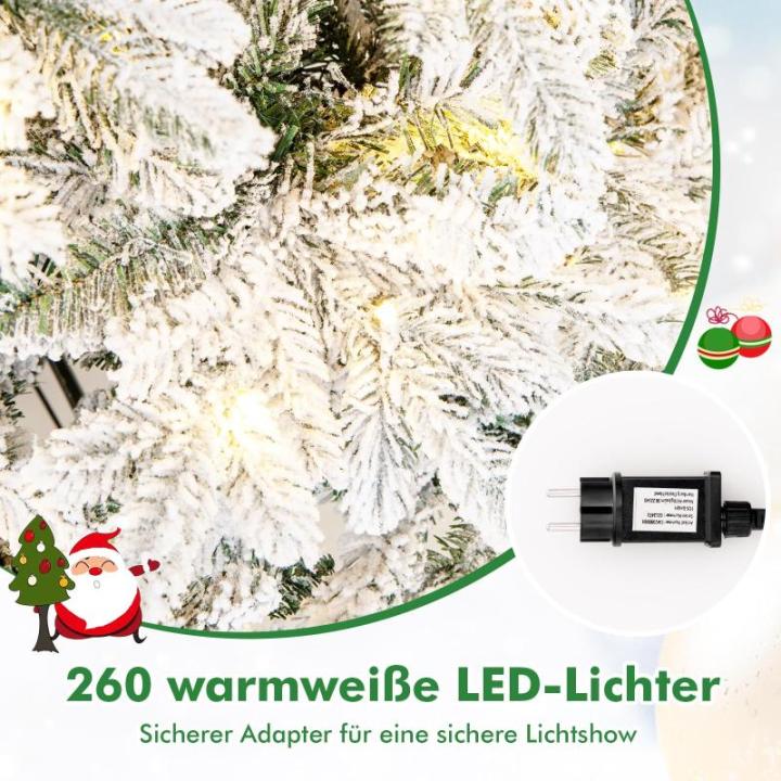 Kunstkerstboom met verlichting, 180 cm, 260 warmwitte leds, dennenboom met sneeuw en metalen standaard, sneeuwbedekt, wit
