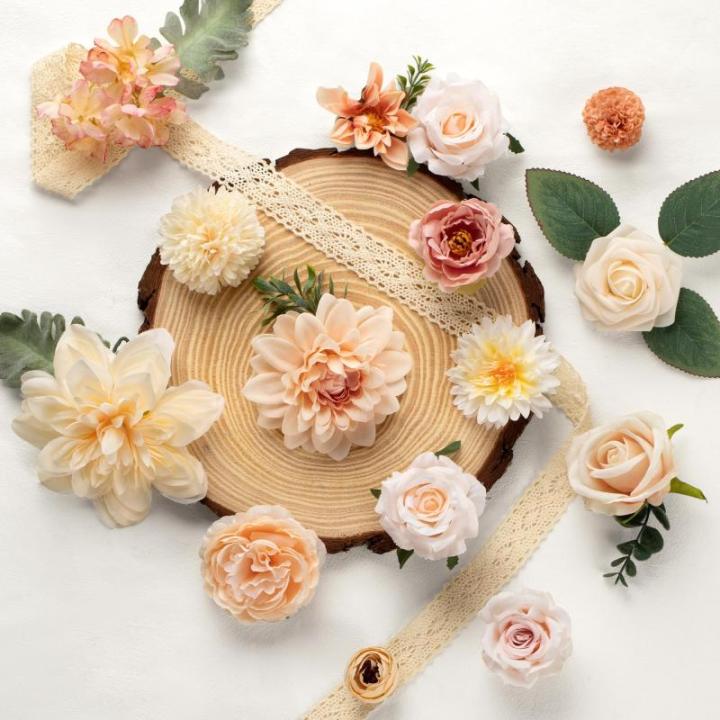 Verschiedene Kunstblumen aus Seide, Gemischte Falsch Blumen Rosen Pfingstrosen Dahlie mit Stiel für DIY Basteln Hochzeitssträuße Tafelaufsätze Kuchenblumen Arrangements Party H