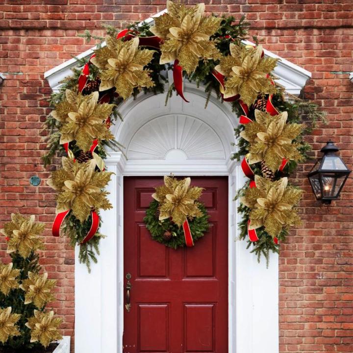12 Stück Weihnachten Glitzer Weihnachtsstern Gold Künstliche Blumen Deko, Weihnachtsstern Künstliche Blumen mit Clips + Vorbauten, Weihnachtsblumen für Weihnachts Hochzeits Gar