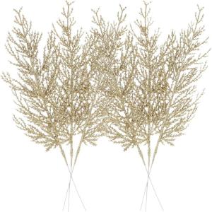 Set van 24 kunstglitter-dennenboomtakken, decoratieve staven, glinsterende stengels, picks, takken voor kerstboom, kleine vaas, feestdagen, bruiloft, feest, 35 cm, goud