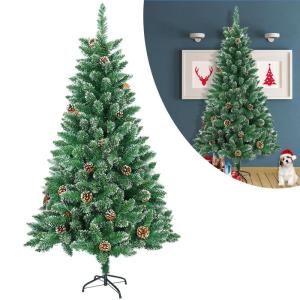 Kunstkerstboom, 120 cm, pvc, met sneeuweffect, dennenappels, kerstboom met snel op te bouwen, inklapsysteem, brandvertragende kunstdennenboom met metalen standaard