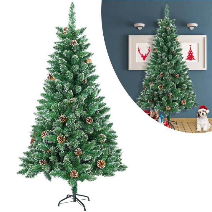 Kunstkerstboom, 120 cm, pvc, met sneeuweffect, dennenappels, kerstboom met snel op te bouwen, inklapsysteem, brandvertragende kunstdennenboom met metalen standaard