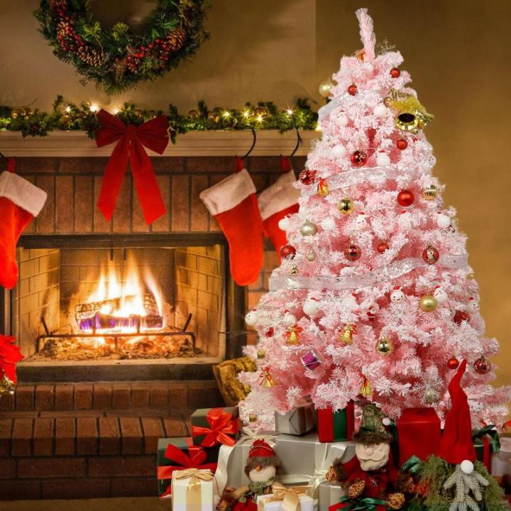 150 cm kerstboom bevlokt roze met volle vlokken decoratie met sneeuwvlokken, 600 takjes, dennenbladeren van pvc en stabiele basis, kerstboom voor kerstdecoraties