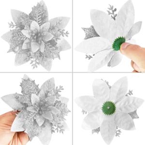 20 Stück Weihnachten Glitzer Weihnachtsstern Blumen mit Clips, Poinsettia Weihnachtsblume Glitzernde für Weihnachtsbaum Dekorationen (Silber)