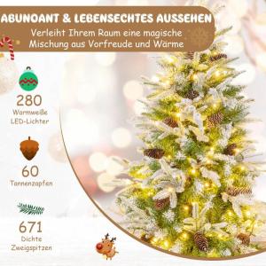 Kunstkerstboom met sneeuw, dennenboom met 280 warmwitte leds en 60 dennenappels, kerstboom met 671 takpunten, potlood kerstboom 190 cm, snel op te zetten klapsysteem
