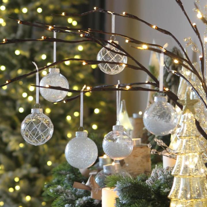 Onbreekbare doorzichtige plastic van 60 mm met glitterschilderij, transparant, doorzichtige kristallen , kerstboomdecoraties (30 stuks, wit)