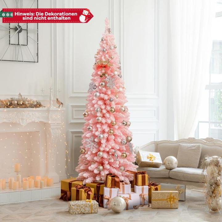 Kunstkerstboom, potlood, 180 cm, dennenboom met sneeuw, kerstboom met 460 takken en inklapbare metalen standaard, slanke kunstboom, Kerstmis voor thuis, kantoor, roze