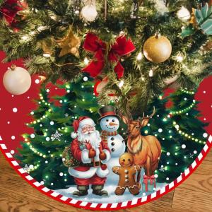 Kerstboomdeken, 120 cm, donkerrood, kerstboomrok, grote kerstboomdeken met kerstman en sneeuwpop, rond, polyester, kerstboomdeken, dennenboomdeken voor wintervakantie, kerstfeest