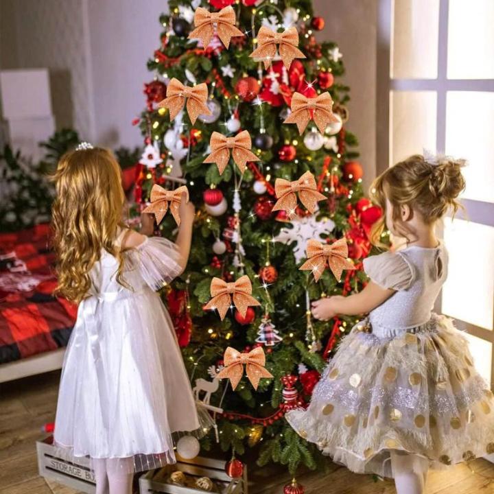 10 stuks roségouden strikken, kerststrikken, glitter-kerstboomstrikken, kerstboomversiering voor familiefeesten, feestdecoratie voor Kerstmis, vakantie, bruiloft, feesten