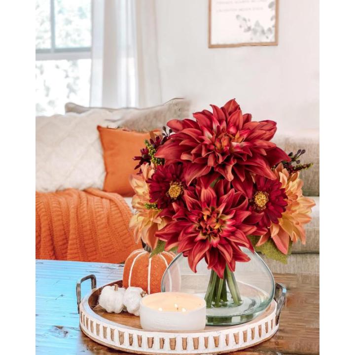 Dalia Kunstbloemen als echt in ovale glazen vaas met kunstwater, decoratieve bloemen, chrysant bloemstuk voor thuis, woonkamer, badkamer, herfst, decoratie