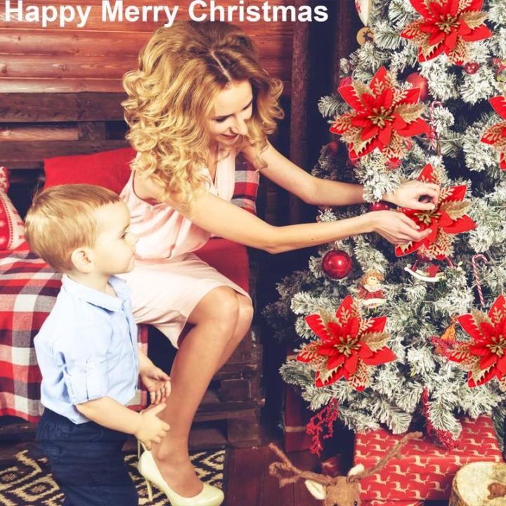 12 stuks kerstster glitter kerstster goud rood kunstbloemen decoratie, kerstster kunstbloemen met clips + voorbouwstukken, kerstbloemen voor Kerstmis, bruiloft, tuin, Nieuwjaar