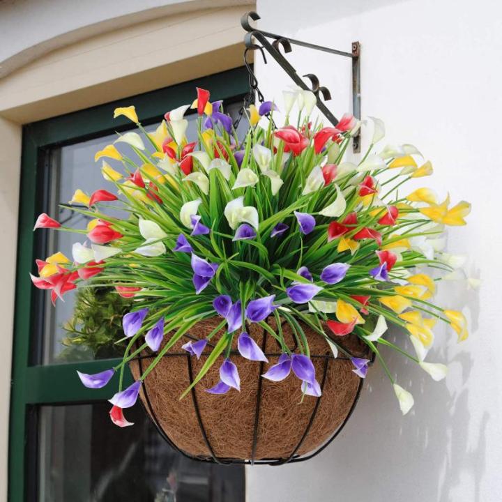 Calla Lily Kunstbloemen, 8 bundels kunstbloemen, UV-bestendige plastic bloemen, , balkon, boeket, planten voor balkon, tuin, raam, binnen en buiten