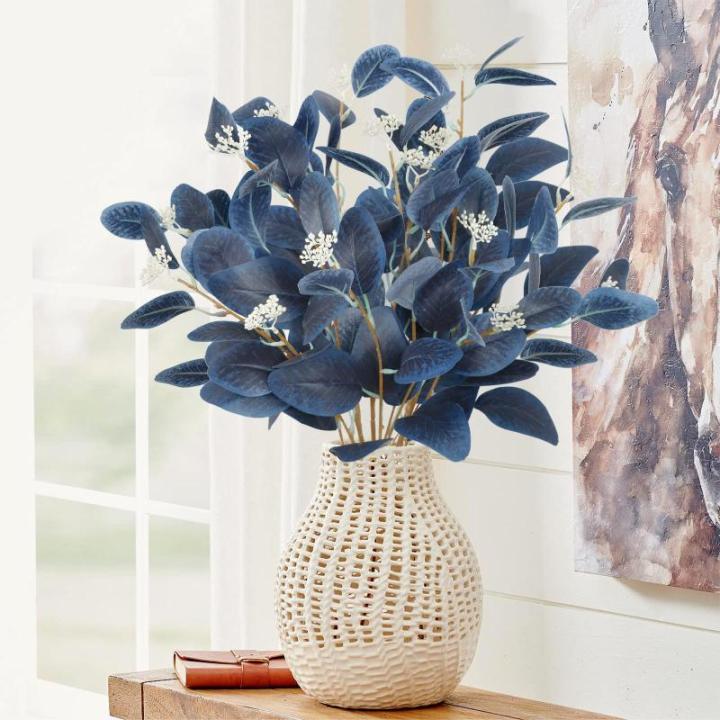 6 Stück Kunstpflanzen Eukalyptus blau künstliche Eukalyptusblätter Zweige mit Samen Silberne Dollar-Pflanzen für Zuhause Innenbereich Vase Blumenarrangement Party-Dekoration