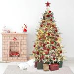 Kunstkerstboom met verlichting met sneeuw en stuk, kerstballen, kerstdecoratieset, metalen standaard, 210 cm, goud-rood