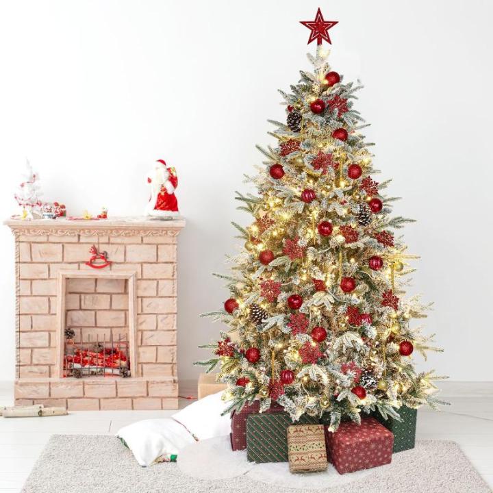 Kunstkerstboom met verlichting met sneeuw en stuk, kerstballen, kerstdecoratieset, metalen standaard, 210 cm, goud-rood