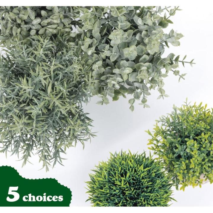Set van 5 mini- in pot, nep, kleine eucalyptus, rozemarijn, groen, kunststof, kunstgroen, grasplanten, decoratieve nepplant voor huis, kantoor, balkon, bureau, badkamerdecoratie