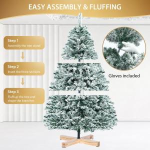 Kunstkerstboom met Sneeuw en Houten Voet, 210 cm Hoge Valse Dennenboom met 850 Tips, PVC Kunstboom Edeldennen Inclusief Handschoenen, Snelle Montage Vouwsysteem, Witte Beflockte Ke