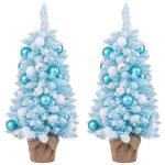 90 cm Mini künstlicher Weihnachtsbaum, 2 er Set Tannenbaum klein mit Schnee & Zementbasis, Chirstbaum mit 136 Spitzen, 12 Wattekugeln & 24 Weihnachtskugeln, Kunstbaum für Zuhause