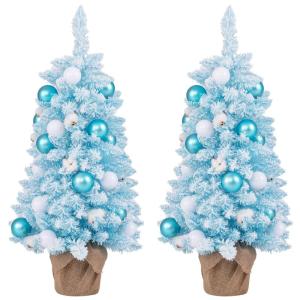 90 cm Mini künstlicher Weihnachtsbaum, 2 er Set Tannenbaum klein mit Schnee & Zementbasis, Chirstbaum mit 136 Spitzen, 12 Wattekugeln & 24 Weihnachtskugeln, Kunstbaum für Zuhause