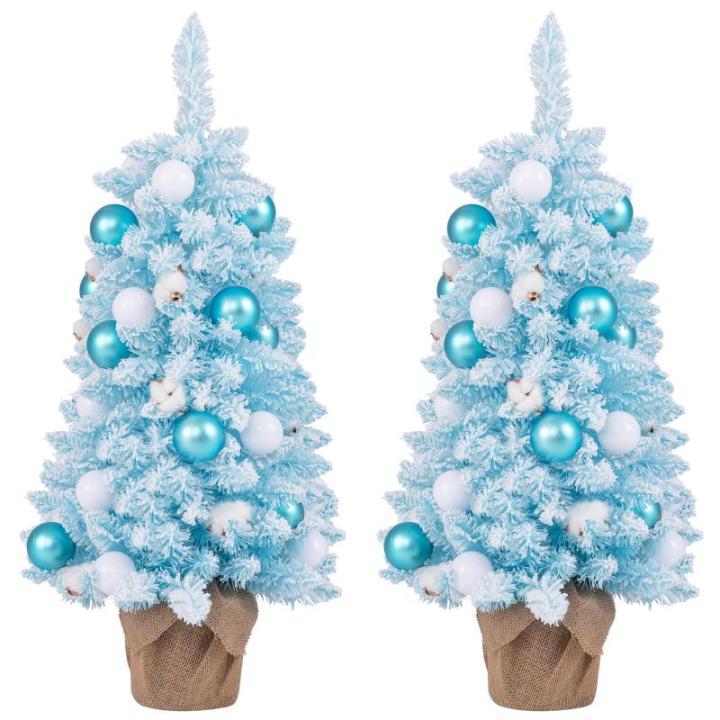 90 cm Mini künstlicher Weihnachtsbaum, 2 er Set Tannenbaum klein mit Schnee & Zementbasis, Chirstbaum mit 136 Spitzen, 12 Wattekugeln & 24 Weihnachtskugeln, Kunstbaum für Zuhause