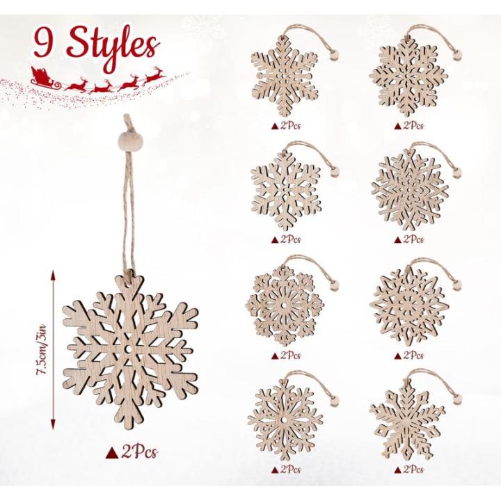 18 x sneeuwvlokken van hout, 9 designs, kerstboomversiering, houten sneeuwvlok, 7,5 cm, houten hangers Kerstmis met henneptouw, onafgewerkte kerstboomhangers van natuurlijk hout vo