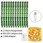 12 stuks kunstklimopslinger, hangende klimop met 200 ledlampen, voor bruiloft, feest, tuin, woning, balkon