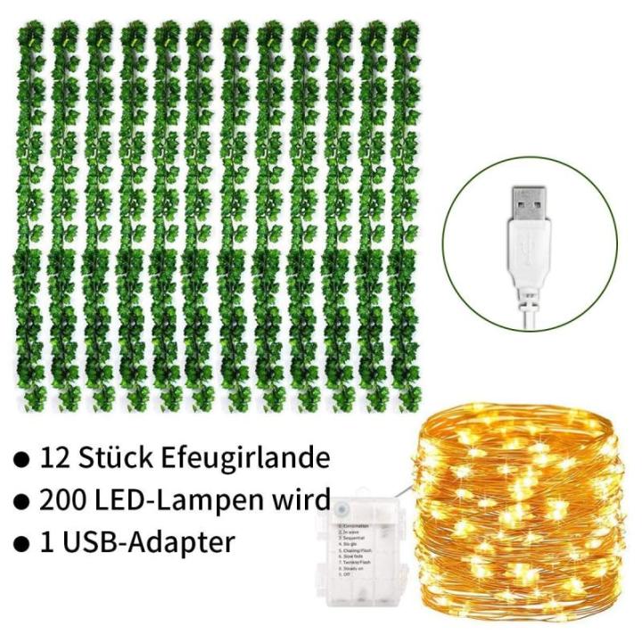 12 stuks kunstklimopslinger, hangende klimop met 200 ledlampen, voor bruiloft, feest, tuin, woning, balkon