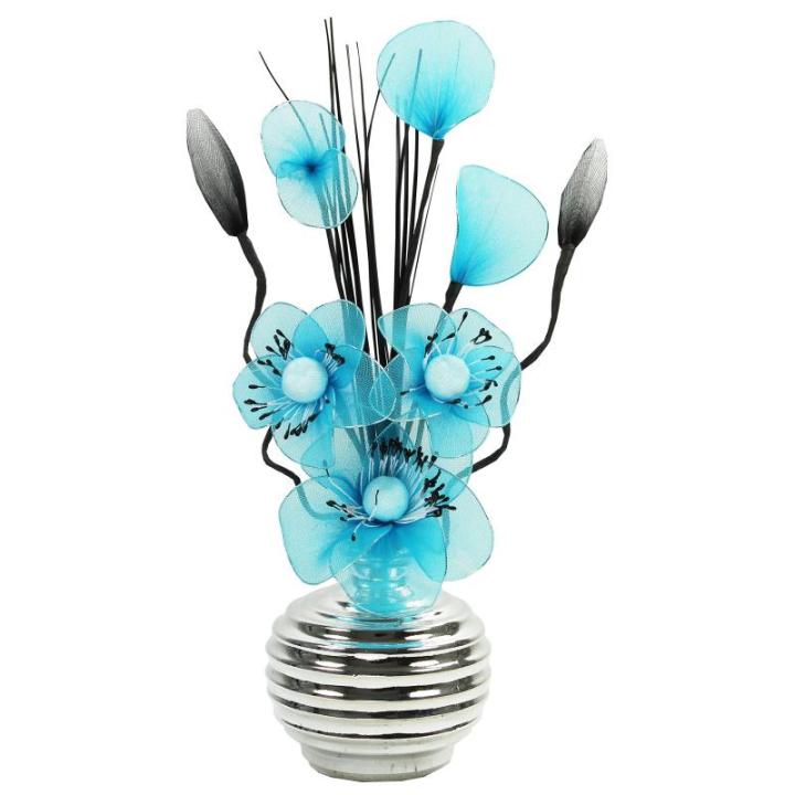 813 Vaas met nylon minibloem, 32 cm, chroom-blauwgroen