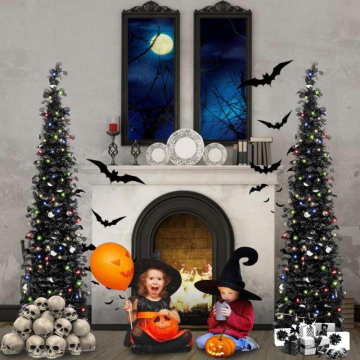 Kerstboom met standaard, 1,5 m, opvouwbare pop-up kerstboom met pailletten voor Halloween, Kerstmis, feestbenodigdheden, huisdecoratie, zwart