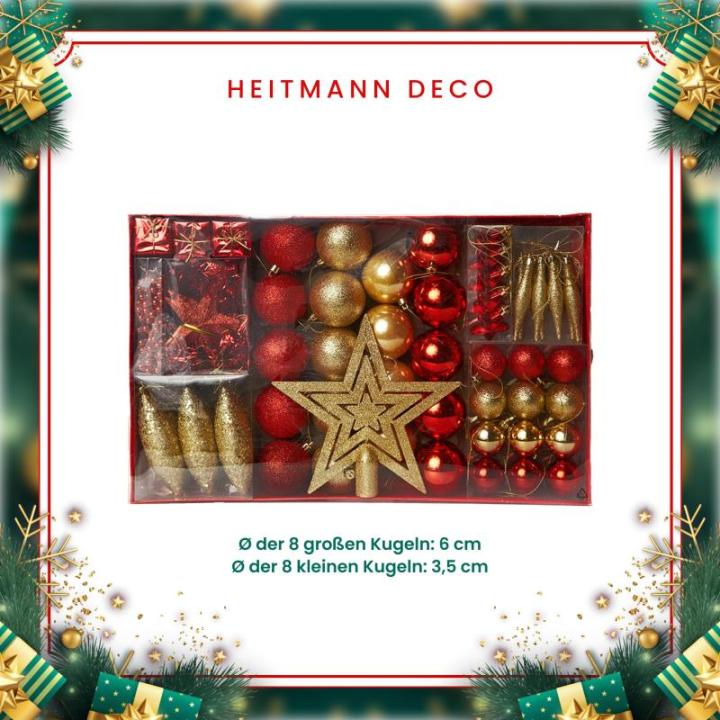 Kerstboomversiering - goud/rood - 60-delig - set incl. boompiek, ballen, parelketting, slinger en sterren - kunststof, 47,5 x 29,7 x 6,5 cm