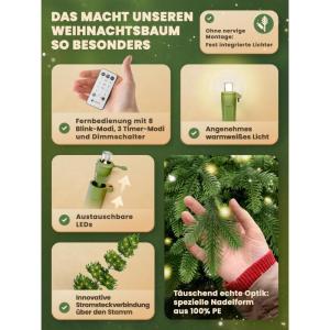 Kunstkerstboom [100% spuitgiet] - natuurgetrouwe dennenboom met stabiele punt | Premium Nordmann spar incl. FSC-gecertificeerde houten standaard en scheurbestendige tas (met verlic