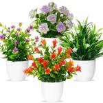 met pot, kleine potplanten, 4 stuks, kunstplant met bloemen, groene planten, decoratie, plastic planten, indoor decoratie voor kantoor, huis, balkon, woonkamer, badkamer