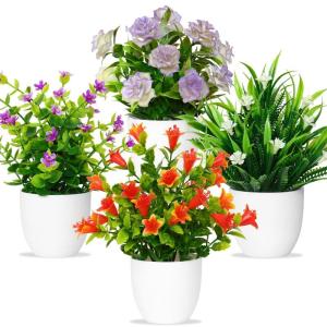 met pot, kleine potplanten, 4 stuks, kunstplant met bloemen, groene planten, decoratie, plastic planten, indoor decoratie voor kantoor, huis, balkon, woonkamer, badkamer
