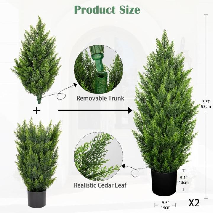 Künstliche Zedern, 91 cm, 2 Stück, künstlicher Formschnitt, UV-beständig, künstliche Sträucher, Zypressen, 14 cm breit, robuste Töpfe für Zuhause, Innen- und Außenbereich,
