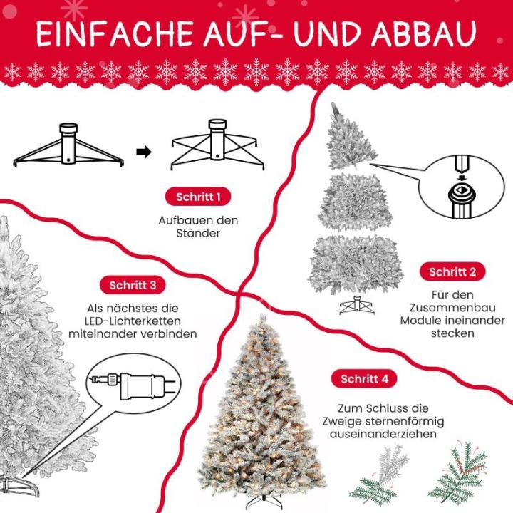 Niwa Kerstboom met verlichting, versierde flock-look, 2-in-1 kunstkerstboom met lichtketting, 400 warm wit licht en 1100 PE + pvc-takken, opvouwbare dennenboom (H210 cm)