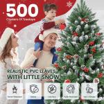 Nordmann-kerstboom met sneeuweffect, dennenappels en rode bessen, automatische dennenboom, kunstkerstboom met metalen standaard, Nordmann-spar, moeilijk ontvlambare kerstboom voor 