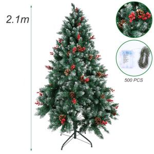 2,1 m kerstboom met verlichting dennenappels en bessen, PVC kunstmatige kerstboom met sneeuw stroomden tips, kerstboom voor binnen en buiten