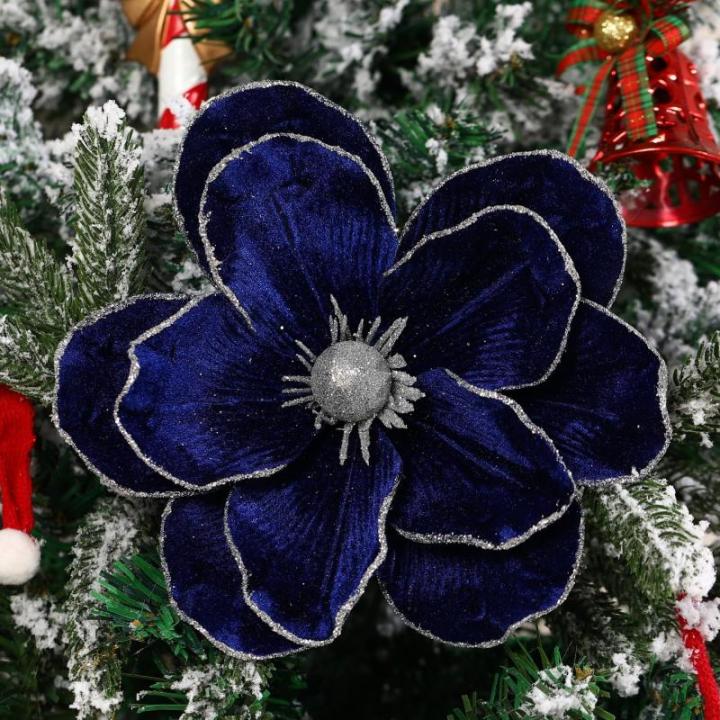 große Glitzer-Weihnachtsblumen, 6 Stück, künstliche Magnolien-Blumen, Samt, gefaltet, Weihnachtsbaum, Blumen, Dekorationen, Weihnachtsbaum, Neujahr Home Ornamente (Blau)
