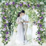 Künstliche Eukalyptus-Blumengirlande mit violetten Rosen, Seidenblumen, Grün, Girlande, Kunstschleierkraut, Efeu-Ranken für Hochzeit, Zuhause, Weihnachten, Party, Tischläufer, 