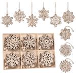 18 x sneeuwvlokken van hout, 9 designs, kerstboomversiering, houten sneeuwvlok, 7,5 cm, houten hangers Kerstmis met henneptouw, onafgewerkte kerstboomhangers van natuurlijk hout vo