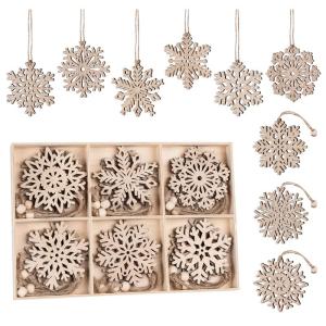 18 x sneeuwvlokken van hout, 9 designs, kerstboomversiering, houten sneeuwvlok, 7,5 cm, houten hangers Kerstmis met henneptouw, onafgewerkte kerstboomhangers van natuurlijk hout vo