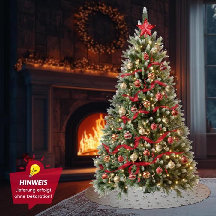 Wija Kerstboom met verlichting, kunstkerstboom met lichtketting, 350 warm wit, ledlicht, kunstsneeuwcoating, 850 takken en houten standaard, van PE-spuitgietwerk en pvc (H180)